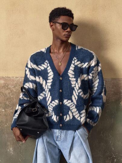  Suéter de punto informal para hombres AKNOTIC - Estilo suelto con botones - Cárdigan - Jacquard de contraste - Lavable a máquina o limpieza en seco - Adecuado para otoño/invierno