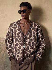 AKNOTIC Men's Casual Fashion Leopard Print Loose Button Cardigan Sweater,Contrast Jacquard,Machine Washable,Autumn,Beige,Elegant,Party,Autumn/Winter - Coffee Brown - View 1