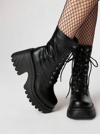 Goth Damen Stiefel mit dicker Sohle und Plateauabsatz, Lässig Kniehohe Stiefel, vielseitig für den täglichen Gebrauch