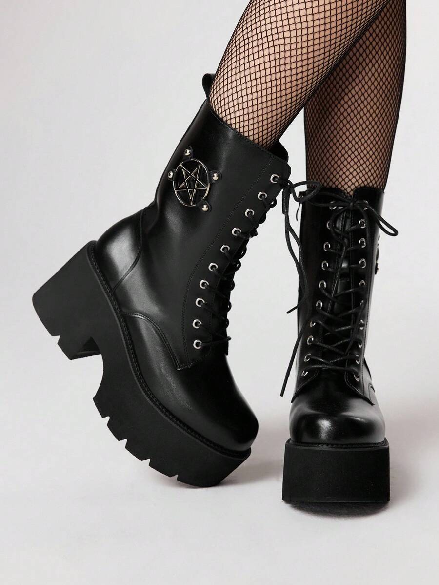 ROMWE Grunge Punk 女士时尚铆钉厚底踝靴 - 夏季朋克风格圆星扣系带靴 - 舒适透气易系带马靴 - 黑色 - 查看 1