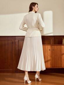 Vintamour 复古经典优雅女士西装套装春夏合身口袋翻盖西装外套腰带百褶裙长袖西装套装秋冬米色西装套装 - 米色 - 查看 2