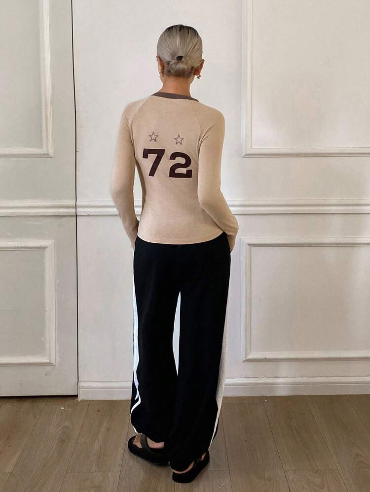 2pcs Women Star & Numeral Print V-Neck Slim Fit Long Sleeve T-Shirt And Loose Fit Long Pants Pajama Set, Fall Clothes