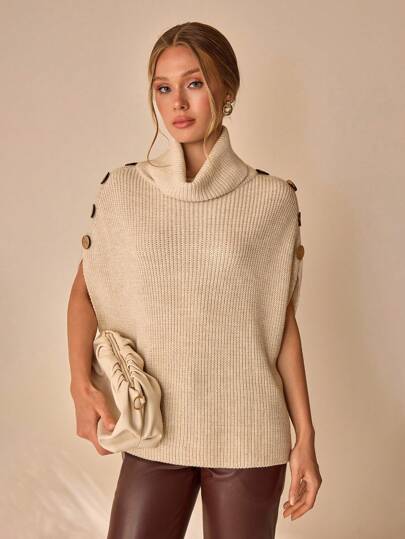 CLARA VERO Pull sans manches avec boutons et col roulé pour femmes
