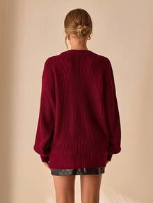 CLARA VERO 高个子女士纯色针织圆领长袖百搭毛衣，秋冬季百搭休闲套头衫，勃艮第酒红色，冬季 - 酒紅色 - 查看 2