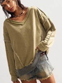 Bohemela Boho Autumn/Winter Vintage Casual Women's Casual Solid Color V-Neck Long Sleeve Loose Knit Oliver Green Sweatshirt Earthy , Western Country Style Concert Vacation, Suitable For Vacation & Daily Wear & Back To School & Going Out, Halloween
