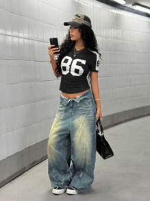 StreetHx Women's Navy Blue Graphic Printed Streetwear T-Shirt, Short Sleeve, Spring/Summer - Black and White - View 4