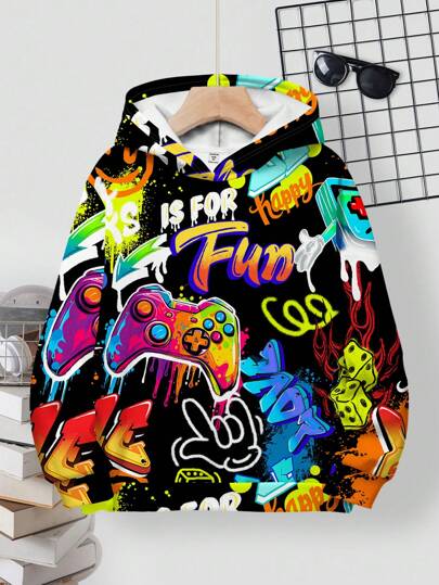 SHEIN Sweat-shirt-shirt style sport de rue Y2K à épaules tombantes avec console de jeu peinte à la main, style minimaliste graffiti, lettres anglaises, convient pour l'automne/l'hiver