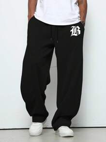 Manfinity EMRG 男士休闲百搭字母印花抽绳腰运动裤 - 黑色 - 查看 4