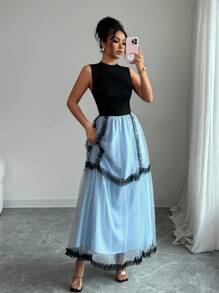 Elenzga 女士优雅时尚通勤休闲舒适迷人复古度假无袖宽松波点连衣裙 - 藍色 - 查看 5