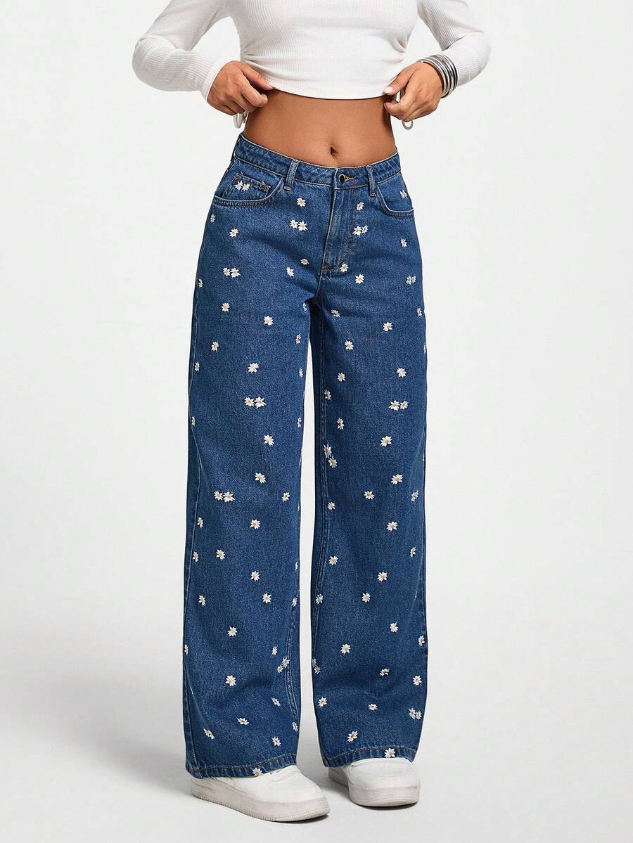 EURMUSE Low Waist Embroidery Detailed Straight Jean Daisy Jeans Flower Jeans Embellished Jeans Jeans With Embroidery Embroidered Jeans - Medium Wash - View 1