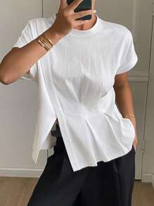 DAZY 女士纯色宽松圆领短袖不对称下摆休闲T恤，秋季上衣 - 白色 - 查看 4