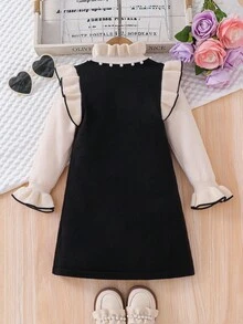 SHEIN 休闲时尚A字荷叶边长袖年轻女孩毛衣裙 - 黑與白 - 查看 7