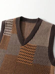 Manfinity CasualKnits 秋季大码男士复古休闲拼布图案V领毛衣背心 - 彩色 - 查看 4