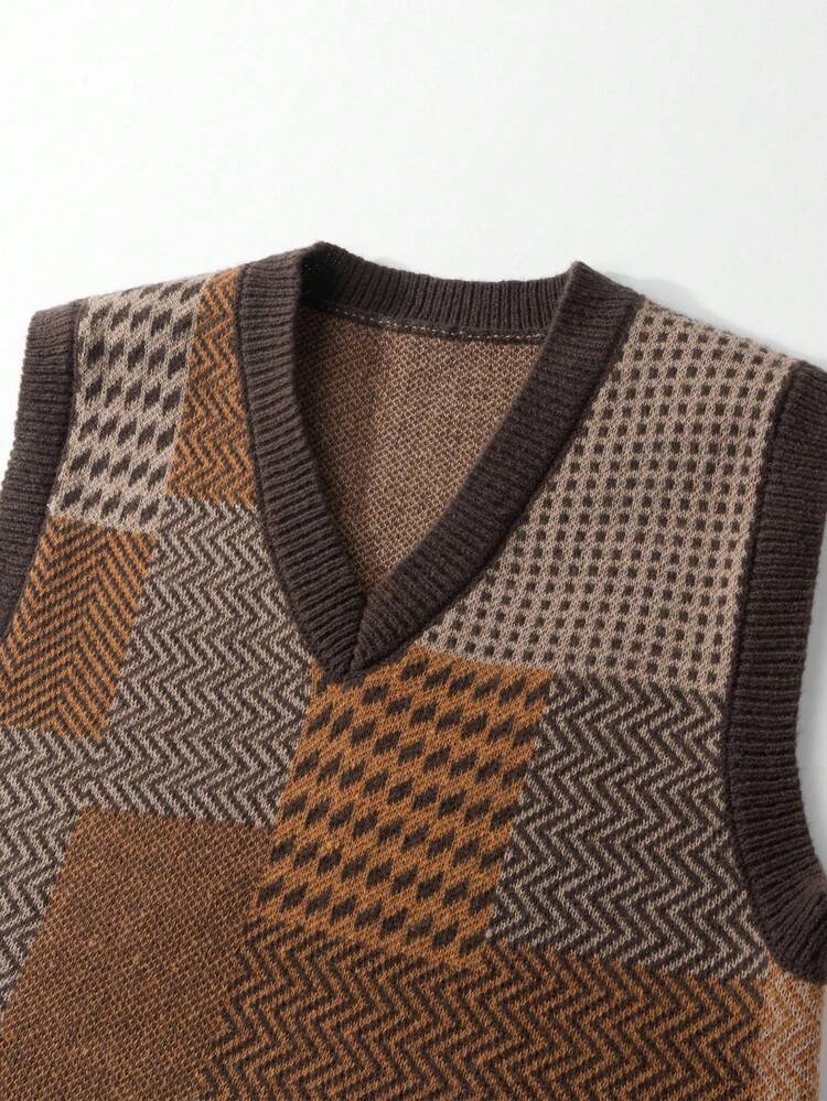 Manfinity CasualKnits Plus Size Herr Vintage Casual Patchwork Mönster V-ringad Tröja Väst, Höst - Multifärgad - Visa 4