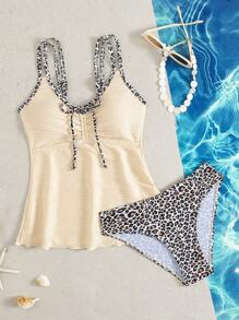 Swim Lushoire Ladies' Summer Beach Music Festival Beige Special Fabric Leopard Print Flowing Hem Slimming Knot Shoulder Strap Elegant Vacation Style Tankini Set - Multicolor - View 4