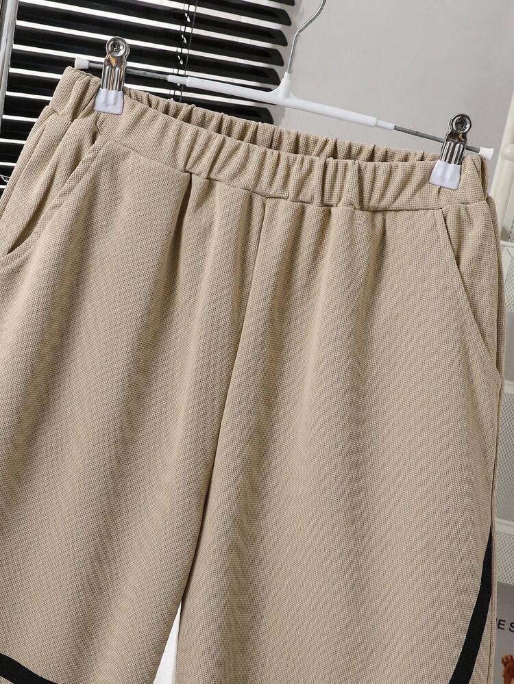 SHEIN Vacaura 2pcs/Set Teenager's Spring/Summer/Autumn Raglan Sleeve Colorblock Striped Short Sleeve T-Shirt And Pocket Shorts Casual Sports Fashion Outfit - Khaki - View 4