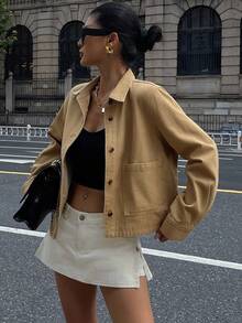 DAZY 时尚复古复古硬币图案棕色时尚高端牛仔夹克和外套 - 駝色 - 查看 4