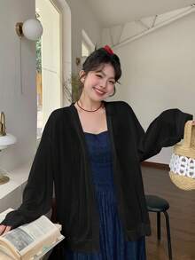 Dazy Plus Top ample casual à manches dolman ouvert devant en couleur unie grande taille