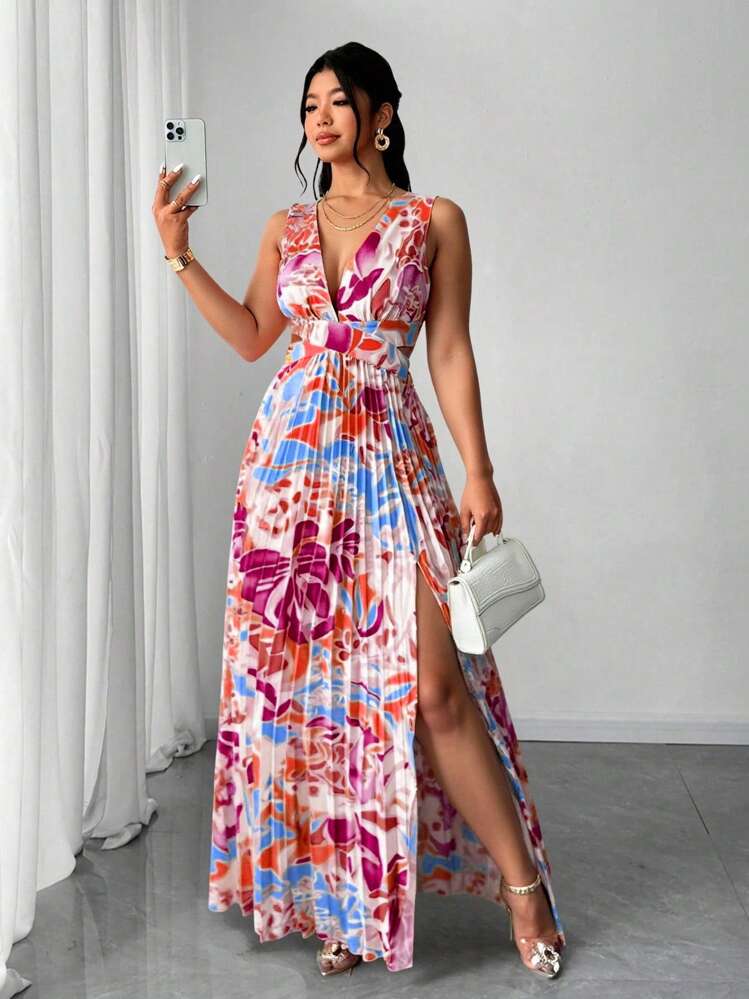 Elenzga Plus Size Women's Elegant Floral Print V-Neck Pleated Flowy Sleeveless Split Waist Summer Vacation Dress - Hot Pink - View 1
