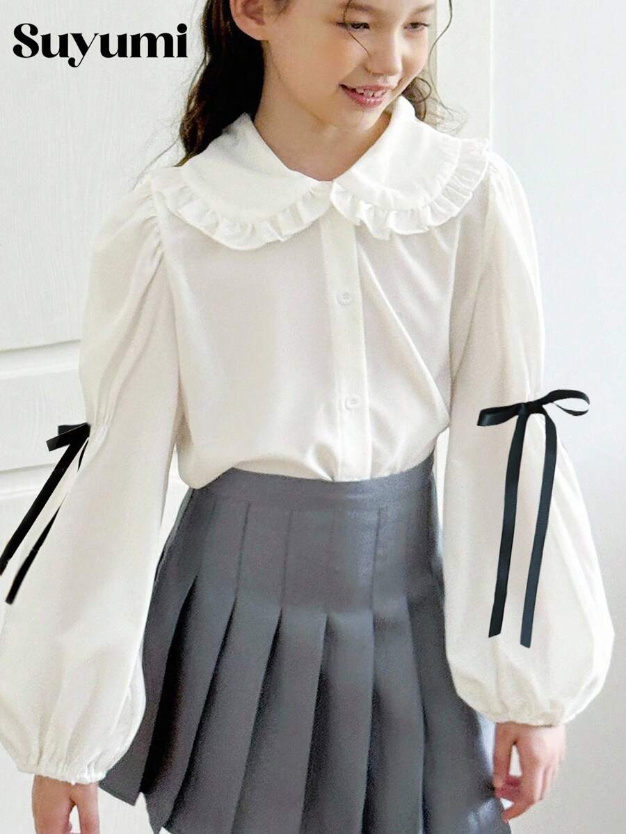 少女优雅可爱的蝴蝶结领灯笼袖领结衬衫，适合返校季和毕业季 - 白色 - 查看 1