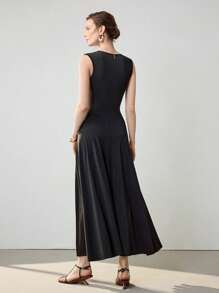 Uhlyne Elegante vestido minimalista de moda retro básico para mujer, con diseño de cuello en V, unicolor y de alta gama