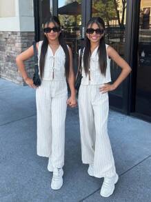 Bộ đồ hai mảnh Nova Glow Tween Girls Loose Casual Striped Vest And Wide Leg Pants - trắng - Xem 1