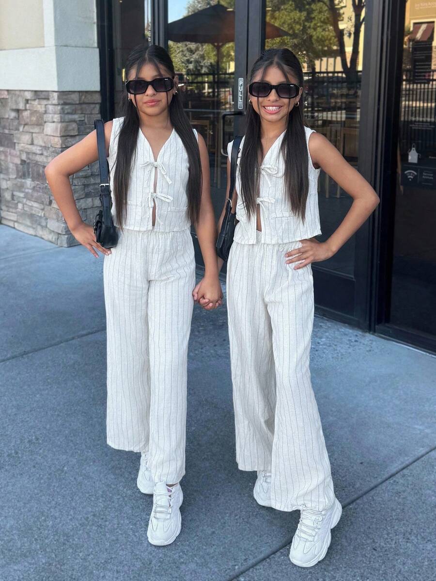 Bộ đồ hai mảnh Nova Glow Tween Girls Loose Casual Striped Vest And Wide Leg Pants - trắng - Xem 1