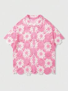 ROMWE MEN Street Life Men's Colorblock Water-Soluble Short Sleeve Casual Cardigan - Pink - View 1