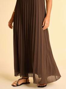 CAJUNI Plus Size Women's Boho Brown Pleated Halter Tie-Up Tassel Sleeveless Casual Summer Dress - Brown - View 7