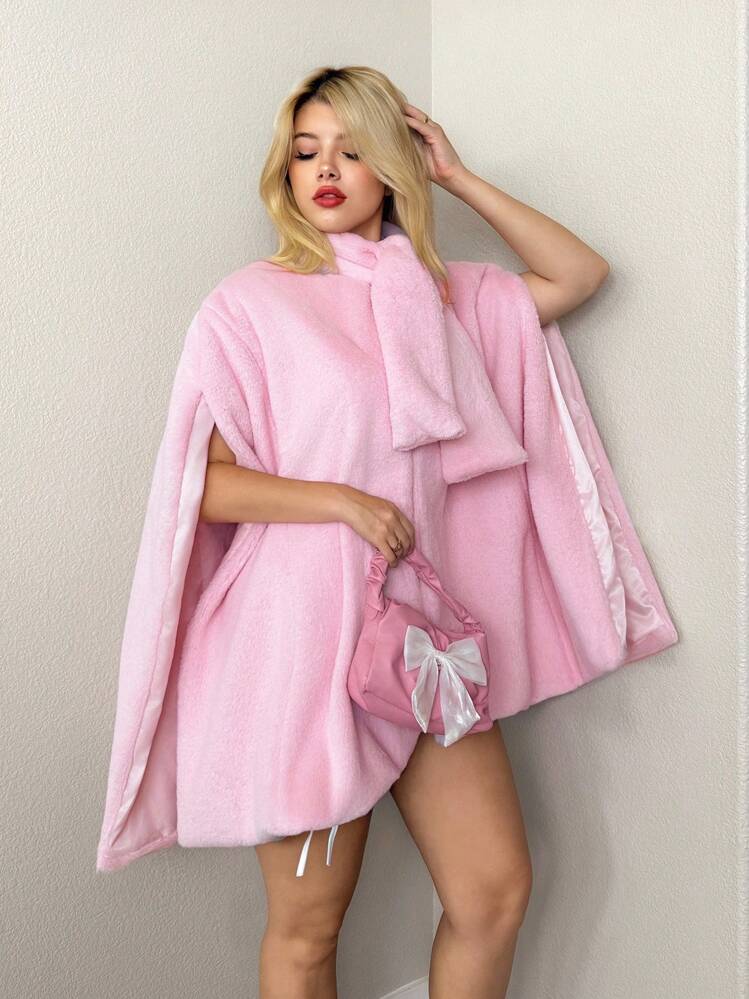 Sweetina Oversized Faux Fur Cloak Coat, Solid Color Fluffy Fashion Jacket In Fall/Winter - Pink - View 7