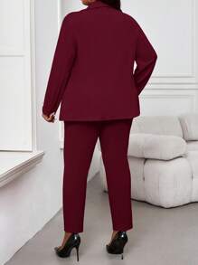 SHEIN Lady 秋冬优雅红色针织翻领纽扣长袖加大码仿皮草外套情人节新年女装 - 酒紅色 - 查看 2