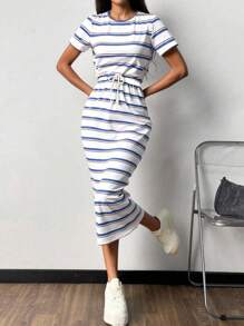 EMERY ROSE 女士条纹系带中长休闲简约连衣裙 - 藍白色 - 查看 4