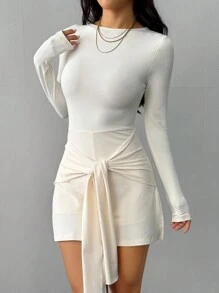 SHEIN PETITE Front Zipper Tights Jumpsuit Pants Inner Wear Must-Have - Beige - View 1