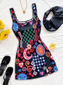 Soleia Plus Size Vacation Funny Pattern U-Neck Backless Mini Dress, Suitable For Music Festival, Bohemian, Holiday, Date, Valentine's Day Afternoon Tea - Multicolor - View 1
