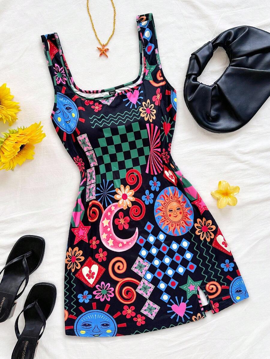 Soleia Plus Size Vacation Funny Pattern U-Neck Backless Mini Dress, Suitable For Music Festival, Bohemian, Holiday, Date, Valentine's Day Afternoon Tea - Multicolor - View 1