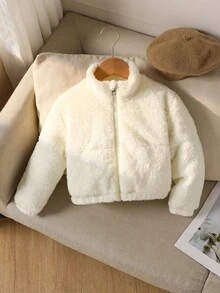 Young Girls' Solid Color Fleece Zip-Up Stand Collar Winter Coat Fall - Beige - View 1