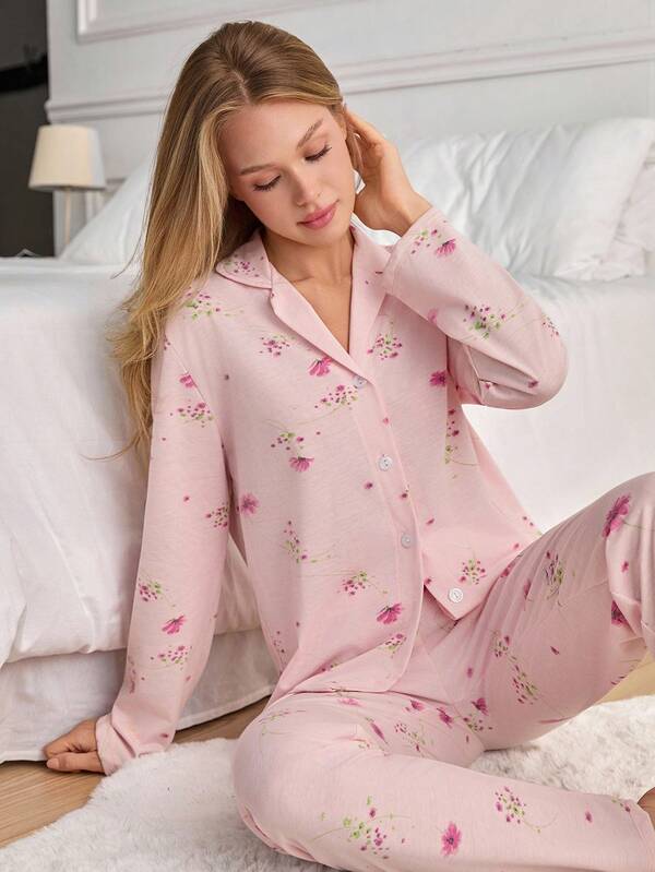 EURMUSE Plus Women Button Front With Pocket Floral Pattern Detail Long Sleeved Shirr And Pants Homewear Pajama Ser Pajama Sets For Women Pink Pink Floral Pajamas Women's Pajama Sets Sleepwear Sets For Women Plus Size Pajama Sets