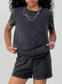 Coolane 青少年女孩夏季两件套复古做旧T恤和短裤套装 - 黑色 - 查看 3