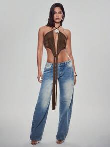Denimoi Tie Front Cut Out Low Back Halter Top With Stone Necklace - Brown - View 3