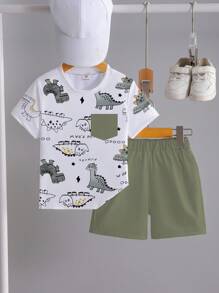 SHEIN Playful Pals 两件套男婴休闲可爱卡通恐龙印花短袖圆领T恤和短裤套装，适合日常外出和居家玩耍，夏季恐龙男婴套装 - 彩色 - 查看 3