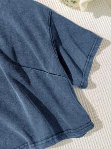 SHEIN EZwear Plus Size Washed Cotton Snowflake Short Sleeve T-Shirt, Navy Blue, Spring Women Denim Tops Baggy Crop Top