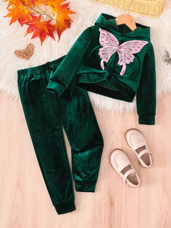 Elladie kids 2pcs/Set Young Girl Hooded Long Sleeve Twist Exaggerated Bow Decor Sweatshirt Girls Two Piece Outfit Green Girls Velour Set Kids Butterfly Outfit Girls Green Kids Set Toddler Girl Velour Sweatsuit Fall Winter