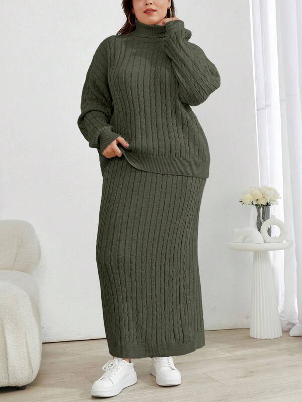 EURMUSE Cable Knit Turtleneck Sweater And Skirt Two Pieces Set