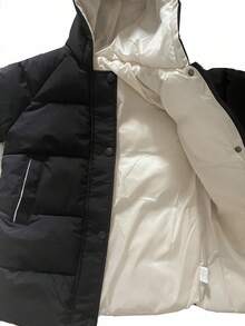 Young Girl Solid Color Hooded Padded Coat, Mid-Length,In Fall/Winter - Black and White - View 6