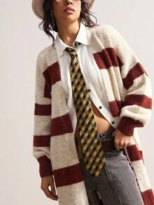 Bohemela Boho Women's Beige Autumn 90s Retro Back-To-School Long Cardigan,Vintage Loose Striped Knit Sweater,Western Country Style School Concert Vacation - Khaki - View 4