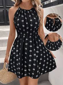 Easowa Damen lässiges Minikleid mit Schleife, Neckholder und ärmellos, Basic Outfit für den täglichen Sommertrag - Schwarz und Weiss - Übersicht 3