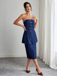 Selianne Women's Front Button Bandeau Top And Denim Skirt 2-Piece Set - Blue - View 3