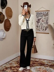 LanaWest Casual French Design Argyle Textured Contrast Trim Long Sleeve Knit Cardigan,Long Sleeve Tops