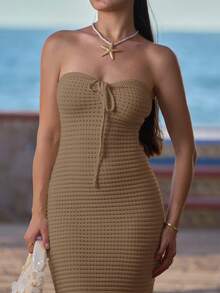 Andrea Bello 手工钩编夏季浪漫假期女士紧身连衣裙，春夏季 - 駝色 - 查看 3