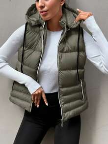 RueChic Zip Up Drawstring Hooded Puffer Vest Coat - Army Green - View 1